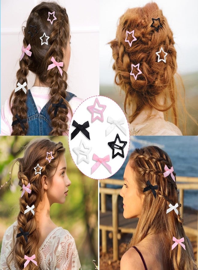Tyqour 48 Pcs Mini Bow Hair Clips Star Clips Satin Small Hair Bow Clip Star Barrettes Metal Non-Slip Cute Bowknot Stars Pins Y2k Accessories for Women Girls Kids Toddlers (Black, White, Pink) - Image 5